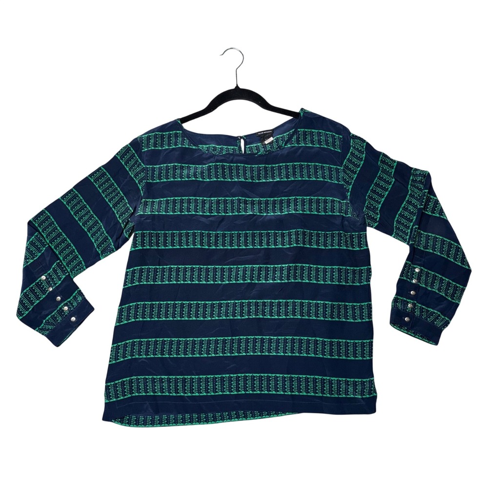 Club Monaco Silk Blouse Womens Small Navy Green Striped Excellent 00401